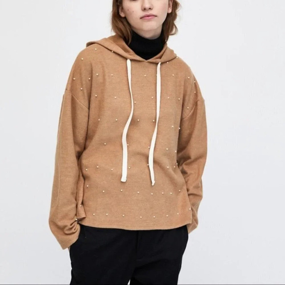 Zara Pearl Sweatshirt Sweater Pullover Hooded Tan Camel Size Small - Picture 10 of 10